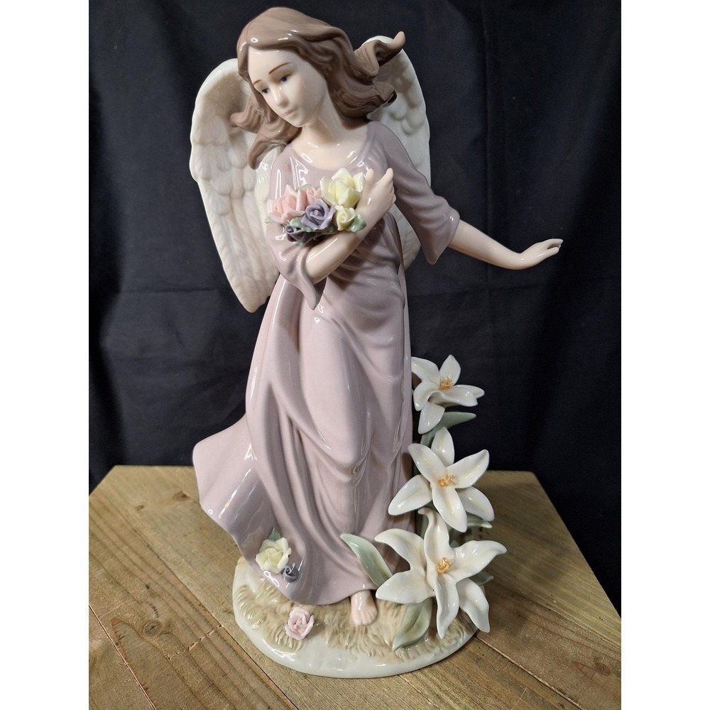 Porcelain Angel Figurine with Roses and Lilies Glossy Statue Dusty Rose Gown